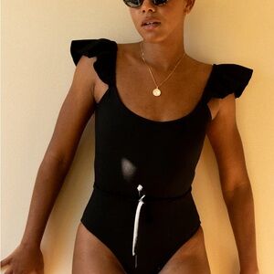 Londre - The Ruffle Shoulder One Piece - Size Large, Matte Black